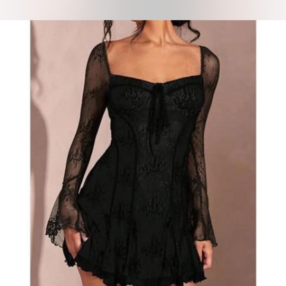 Dolls Kill Black Lace Mini Dress with Sheer Sleeves